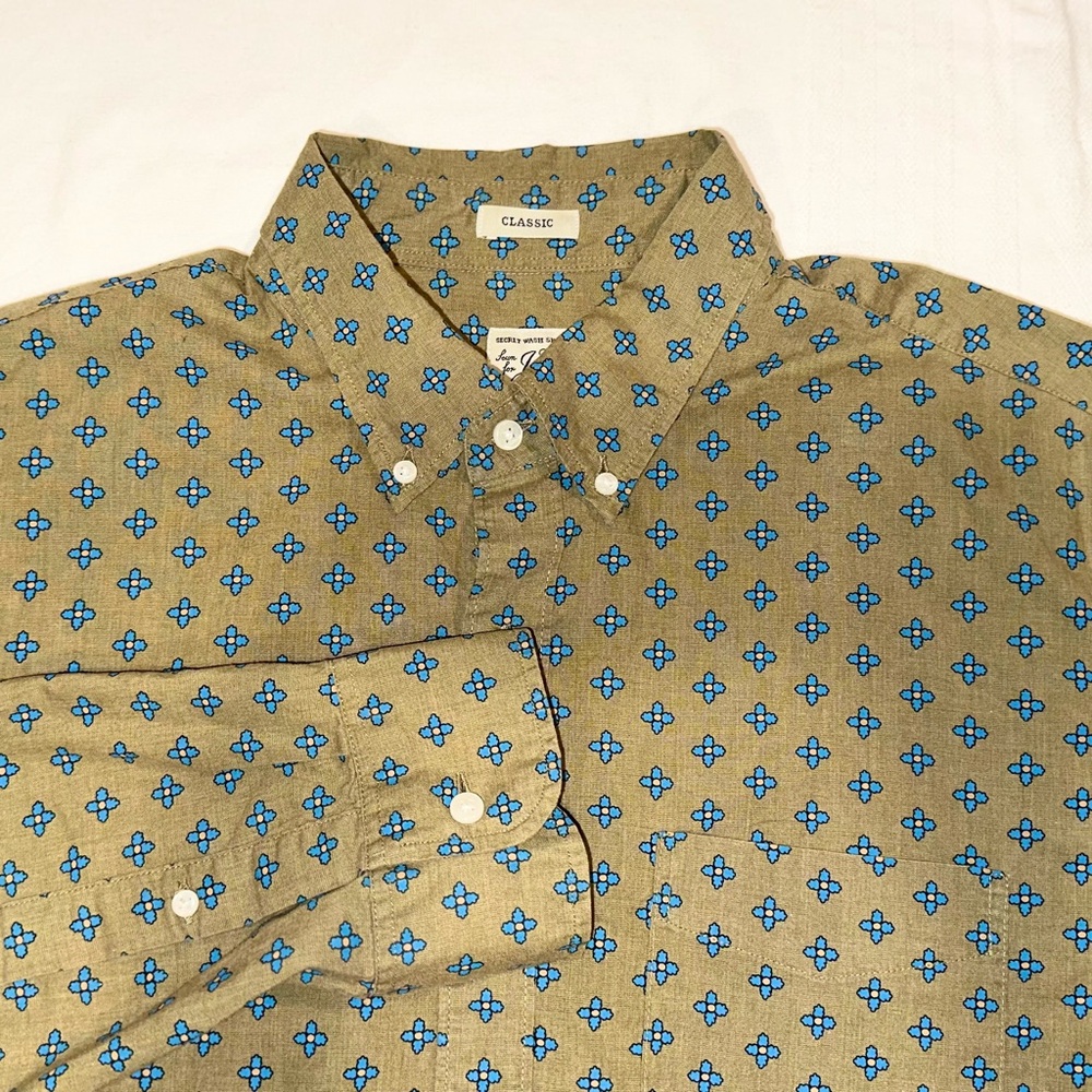 J. Crew Shirt Mens Classic 100% Cotton Olive Green Blue Floral Button Down ~ L - Picture 1 of 5